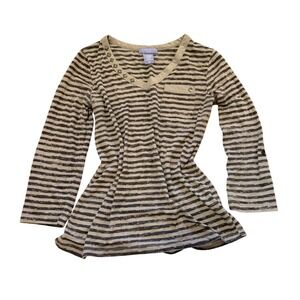 Laura Scott Petite Striped V-Neck Studded Long Sleeve Top Womens Small Gray Y2K